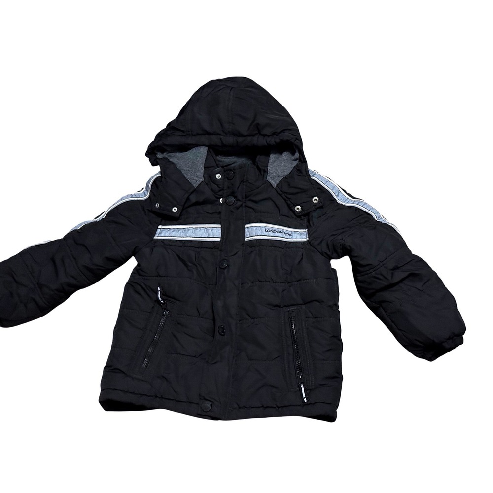 London Fog Boys Black Puffer Jacket Reflective Stripe Fleece Lined Size L 7